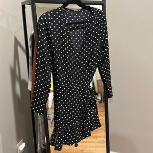 Black and white polka dot wrap dress